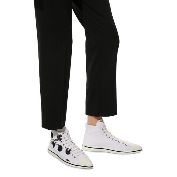 PRADA 1T618M WHITE BLACK POLKA CANVAS LOGO POINTY CAP HIGH TOP SNEAKERS 40 ITALY - Picture 2 of 15